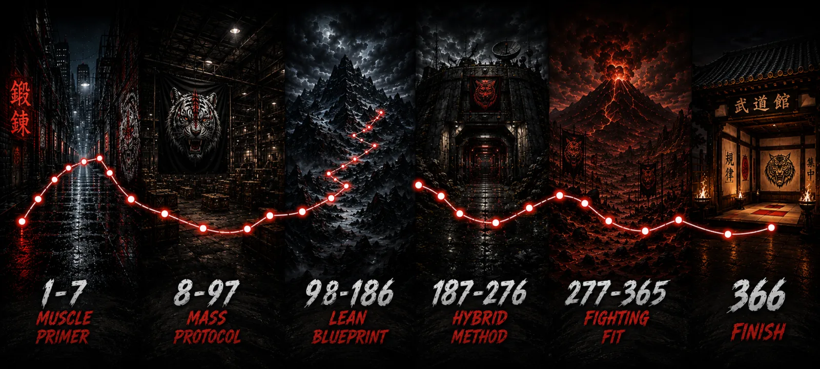 The Mean Truth Fitness year, six panels left to right: the Muscle Primer street, the Mass Protocol gym, the Lean Blueprint forest, the Hybrid Method works, the Fighting Fit volcano, and the finish dojo.