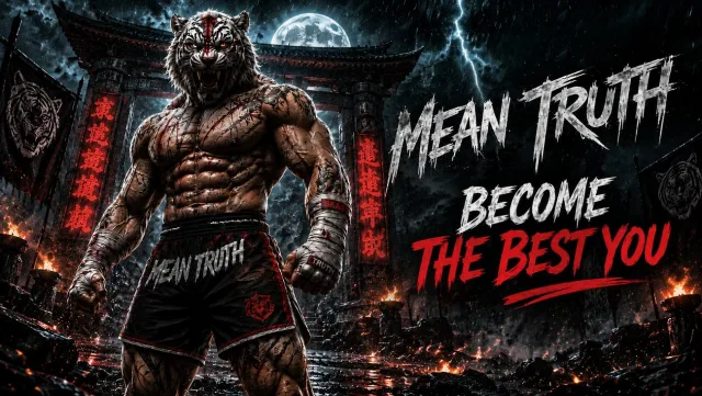 The Mean Truth tiger fighter in front of a temple gate at night, with MEAN TRUTH, BECOME THE BEST YOU painted beside him.