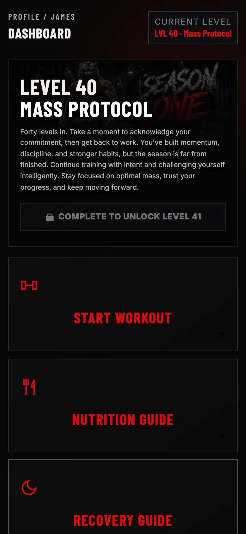 The Mean Truth Fitness dashboard on a phone: the current level and season, the journey map, and the tiles for the session and the guides.