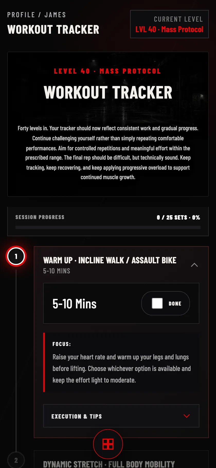 The Mean Truth Fitness workout tracker on a phone: the session steps with sets, reps and tempo, and the tick for each set.