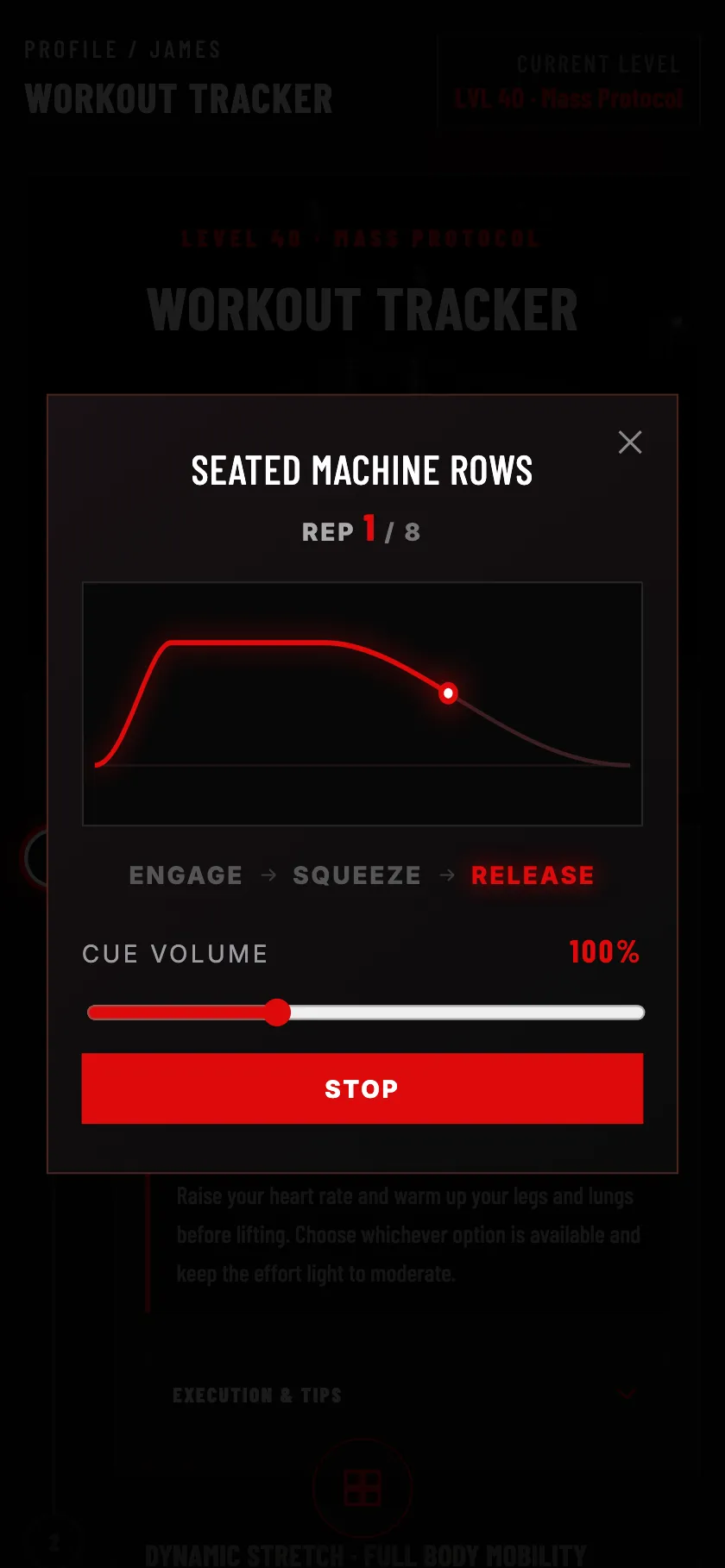 The Mean Truth Fitness Rage Count screen on a phone, mid set: the exercise, the rep counter, the tempo graph and the cue volume.