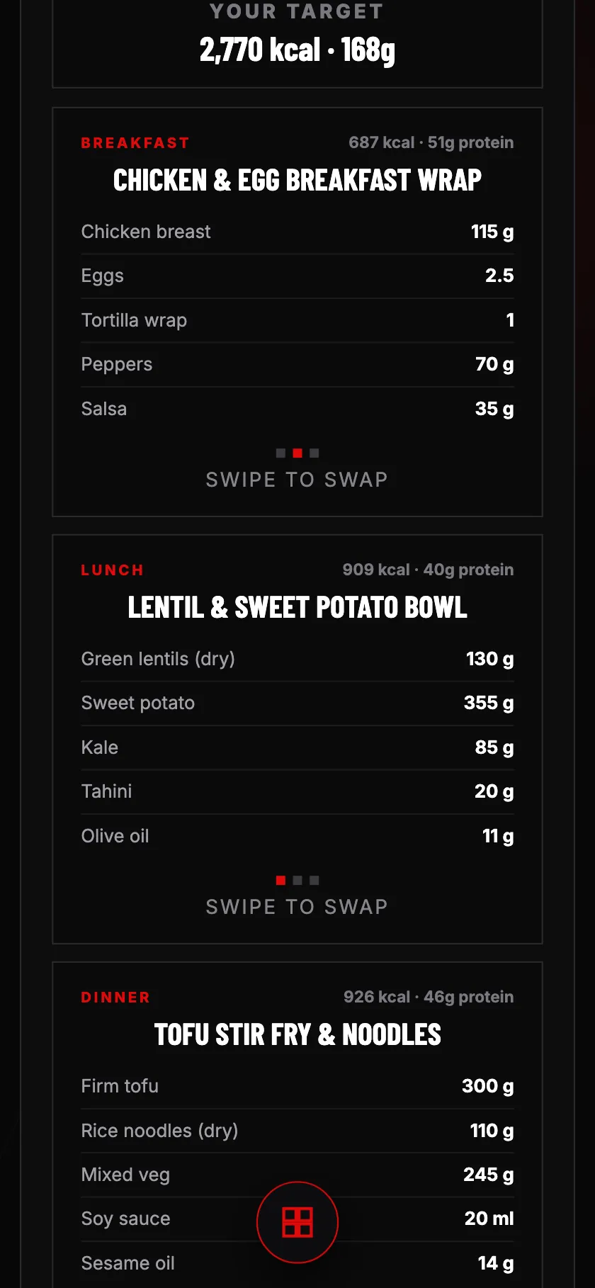 The Mean Truth Fitness nutrition guide on a phone: the calorie and protein target, and a breakfast card on the second of three options.