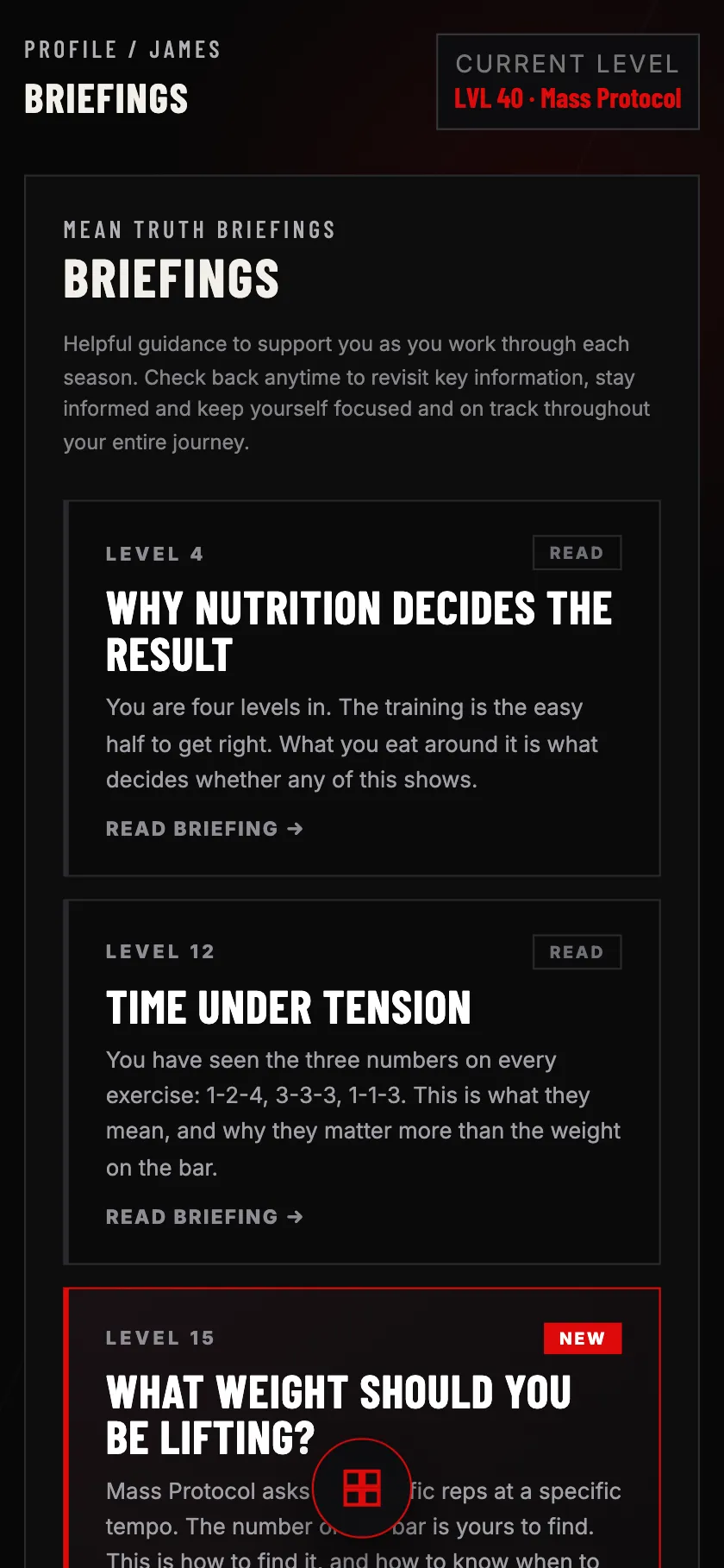 The Mean Truth Fitness briefings screen on a phone: the briefings unlocked so far, with the ones still to come listed below.