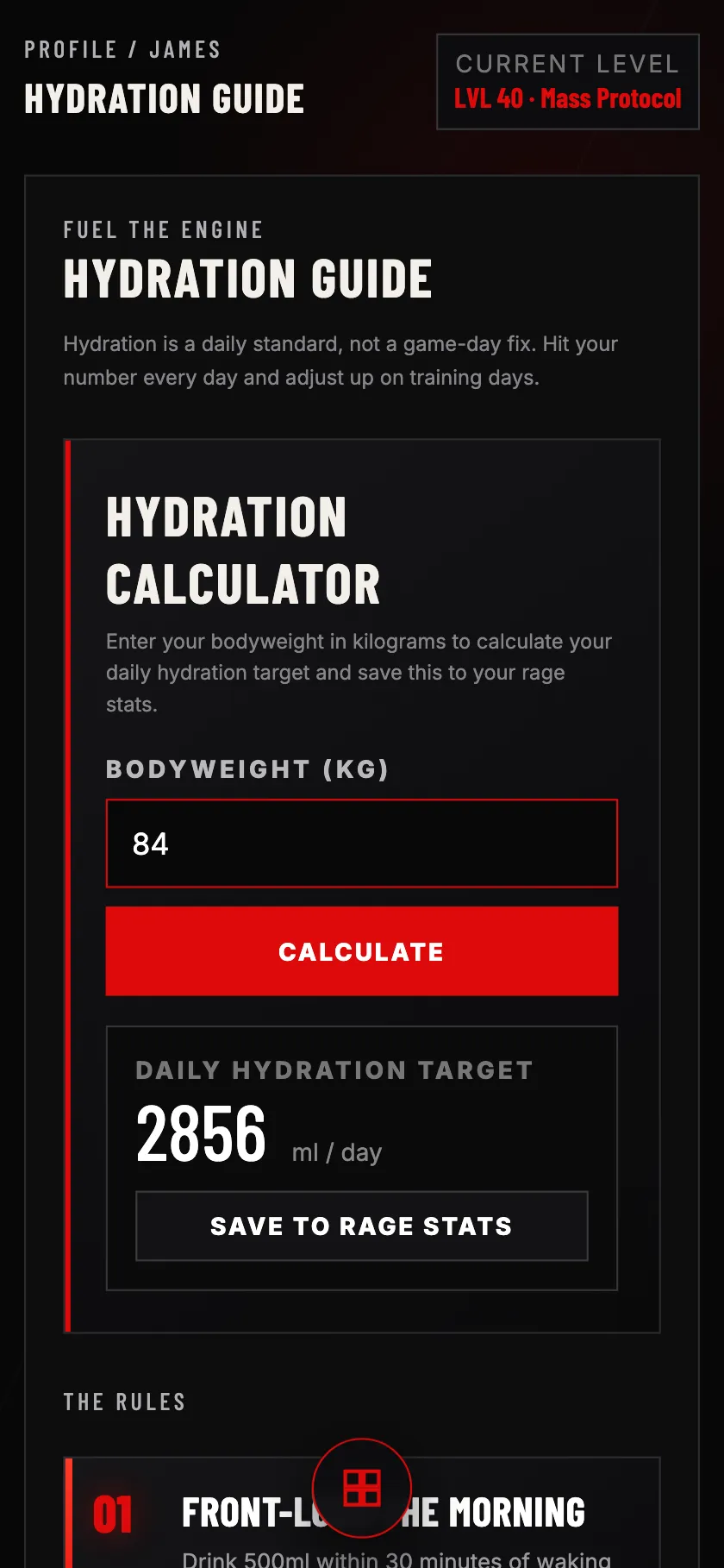 The Mean Truth Fitness hydration guide on a phone: the calculator, the daily target in millilitres, and the rules under it.
