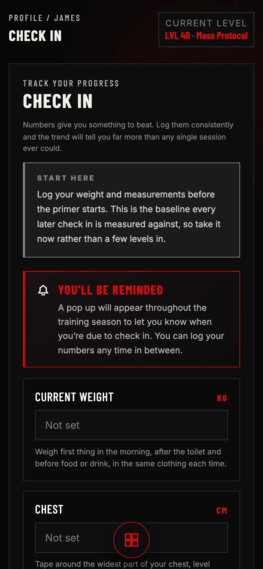 The Mean Truth Fitness check in screen on a phone: the reminder that a check in is due, and the bodyweight and chest fields.