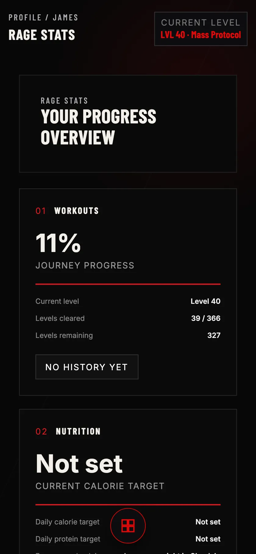 The Mean Truth Fitness Rage Stats screen on a phone: journey progress, levels cleared and remaining, and the nutrition targets.