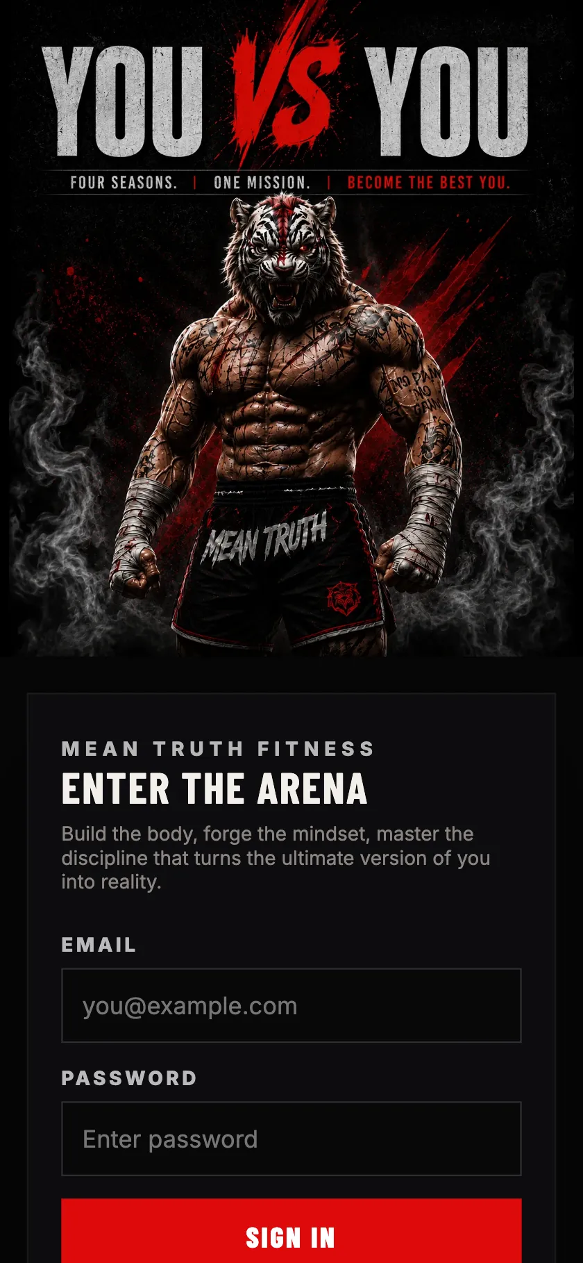 The Mean Truth Fitness sign in screen on a phone browser, which is what a member sees on a new device.